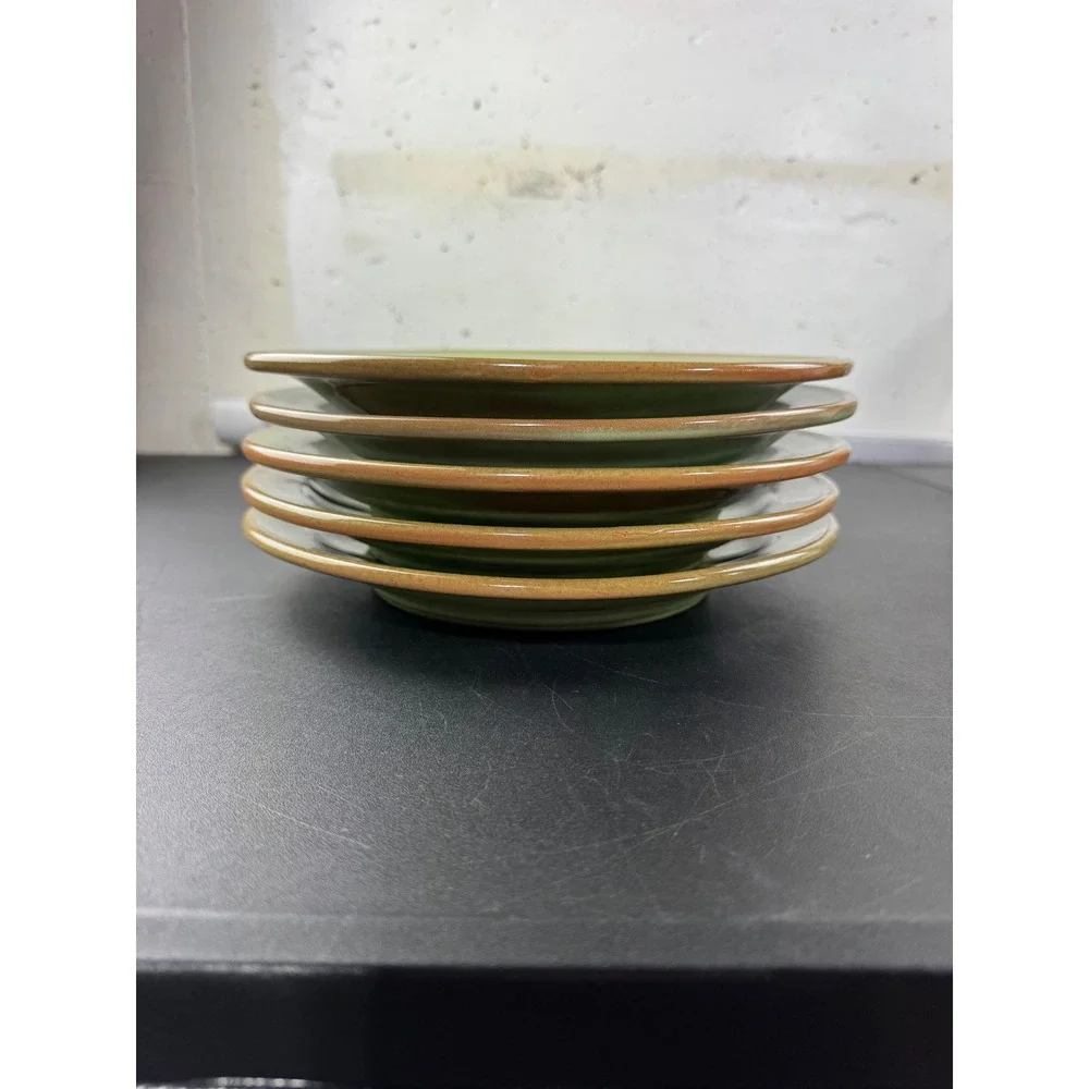 Set of 5 Vintage Green Stoneware Salad Plates Wagon Wheel Sunburst Embossed 8